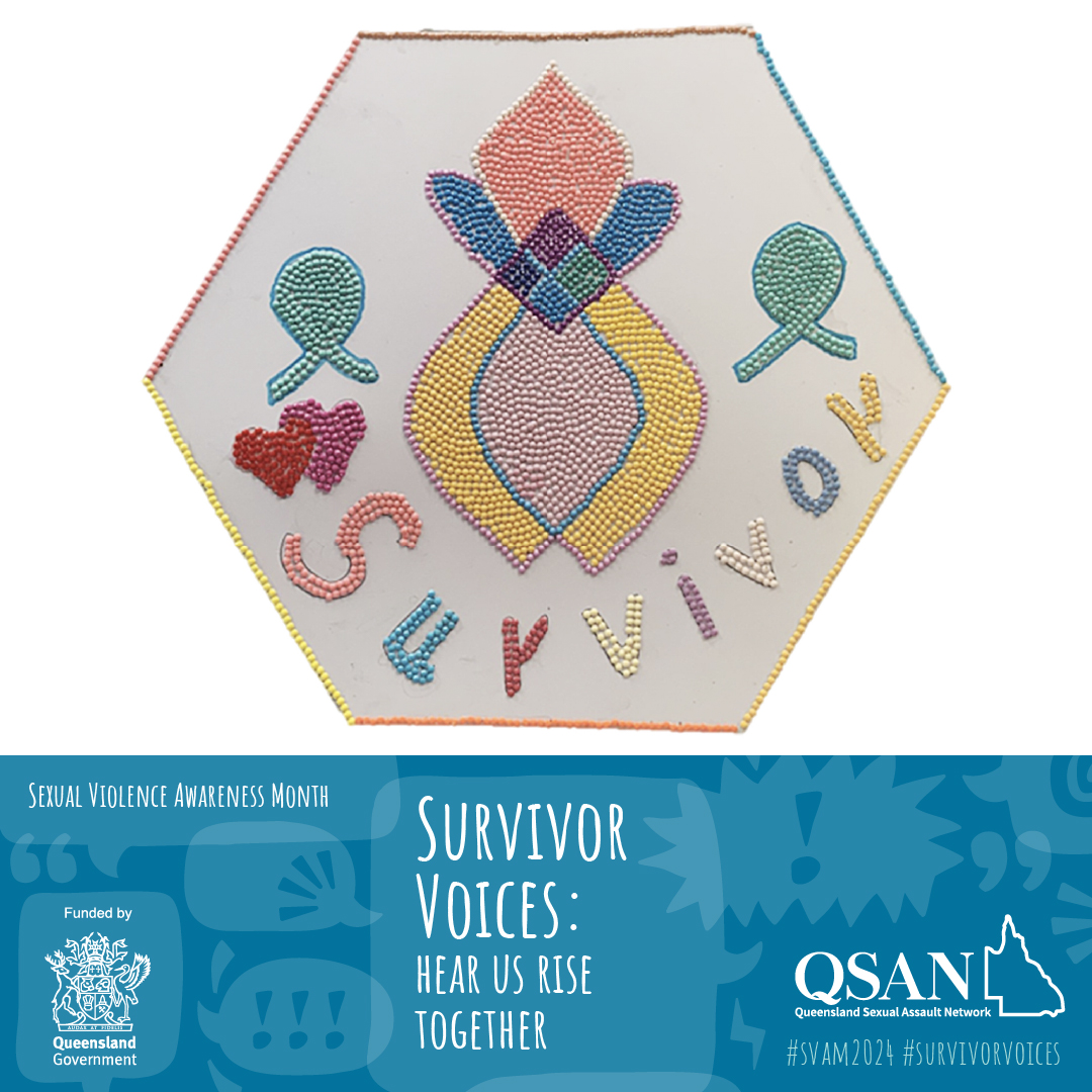 A hexagon decorated with tiny coloured beads with the word ‘Survivor’.