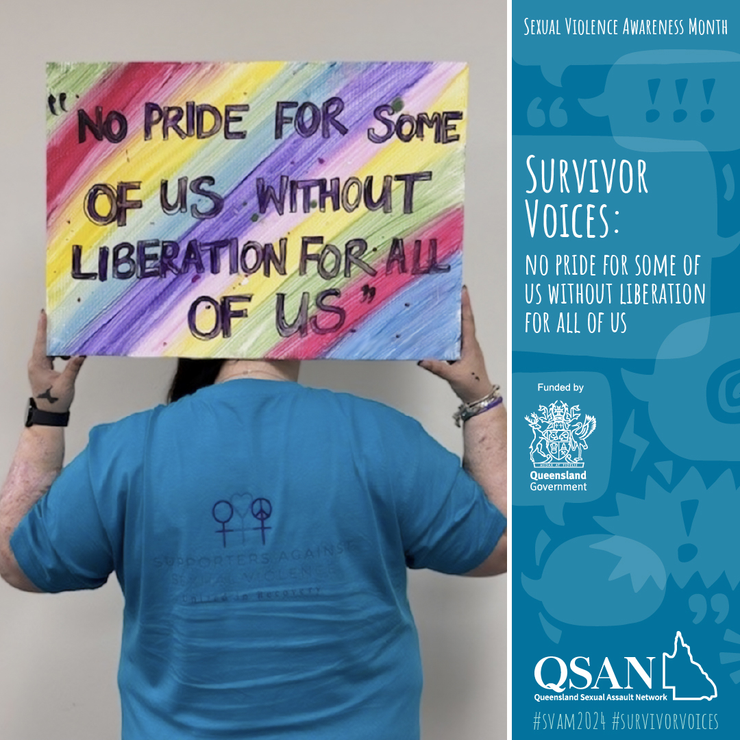 A person with their back to you holds a sign over their shoulders that says ‘No pride for some of us without liberation for all of us.’