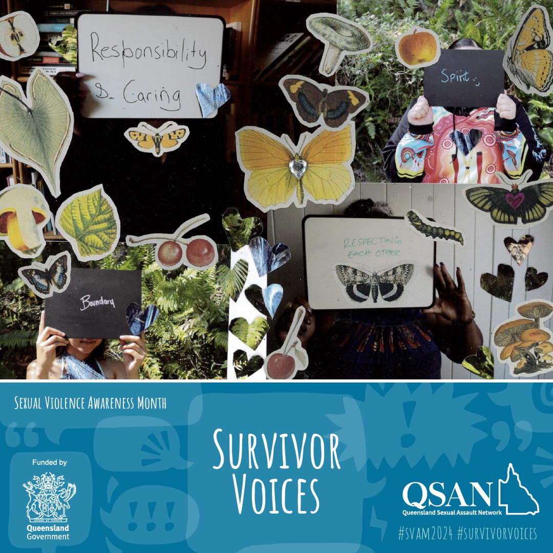 A collage of images of leaves, butterflies, mushrooms and fruit along with people holding signs that say ‘responsibility and caring’, ‘boundary’, ‘spirit’ and ‘respecting each other’.