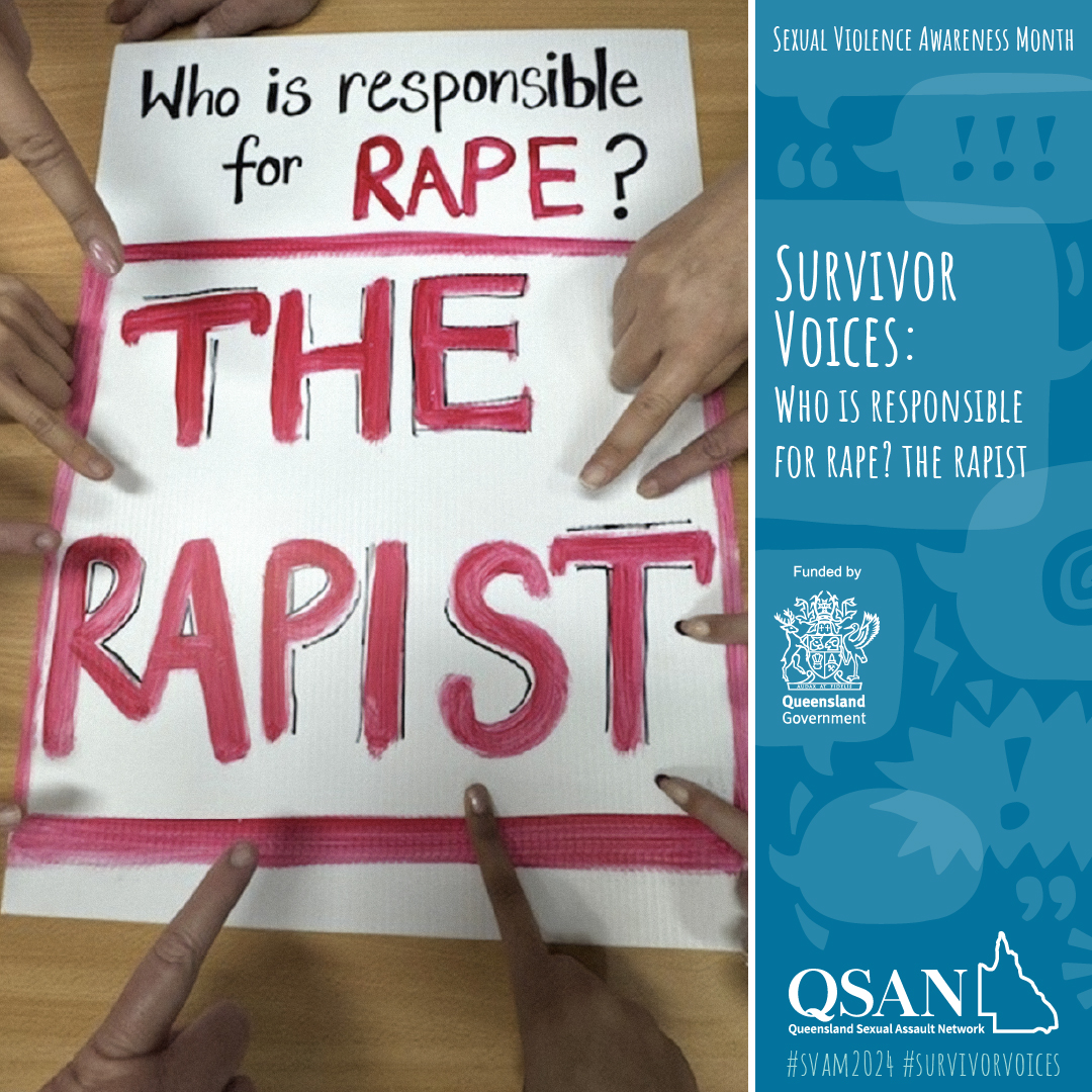 Fingers point to a sign that says ‘Who is responsible for the rape? The Rapist.’