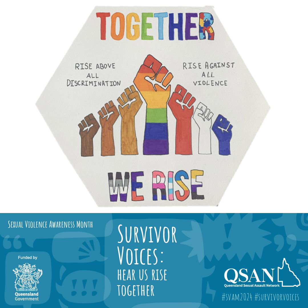 A hexagon with the words ‘Together we rise’ around an image of 7 fists in different colours and ‘rise above all discrimination’ and ‘raise against all violence’. 