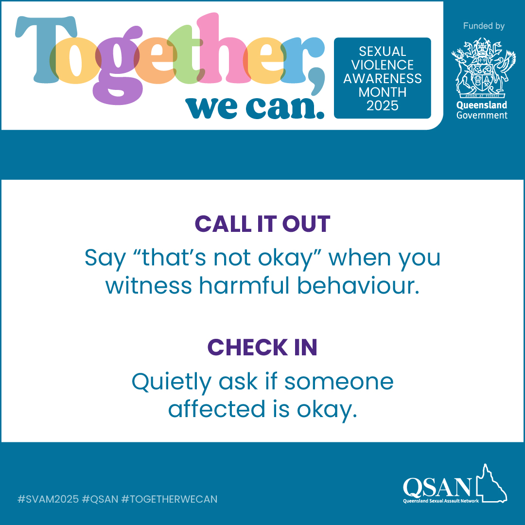 Text reads: Call it out. Say that’s not okay when you witness harmful behaviour. Check in. Quietly ask if someone affected is okay.
