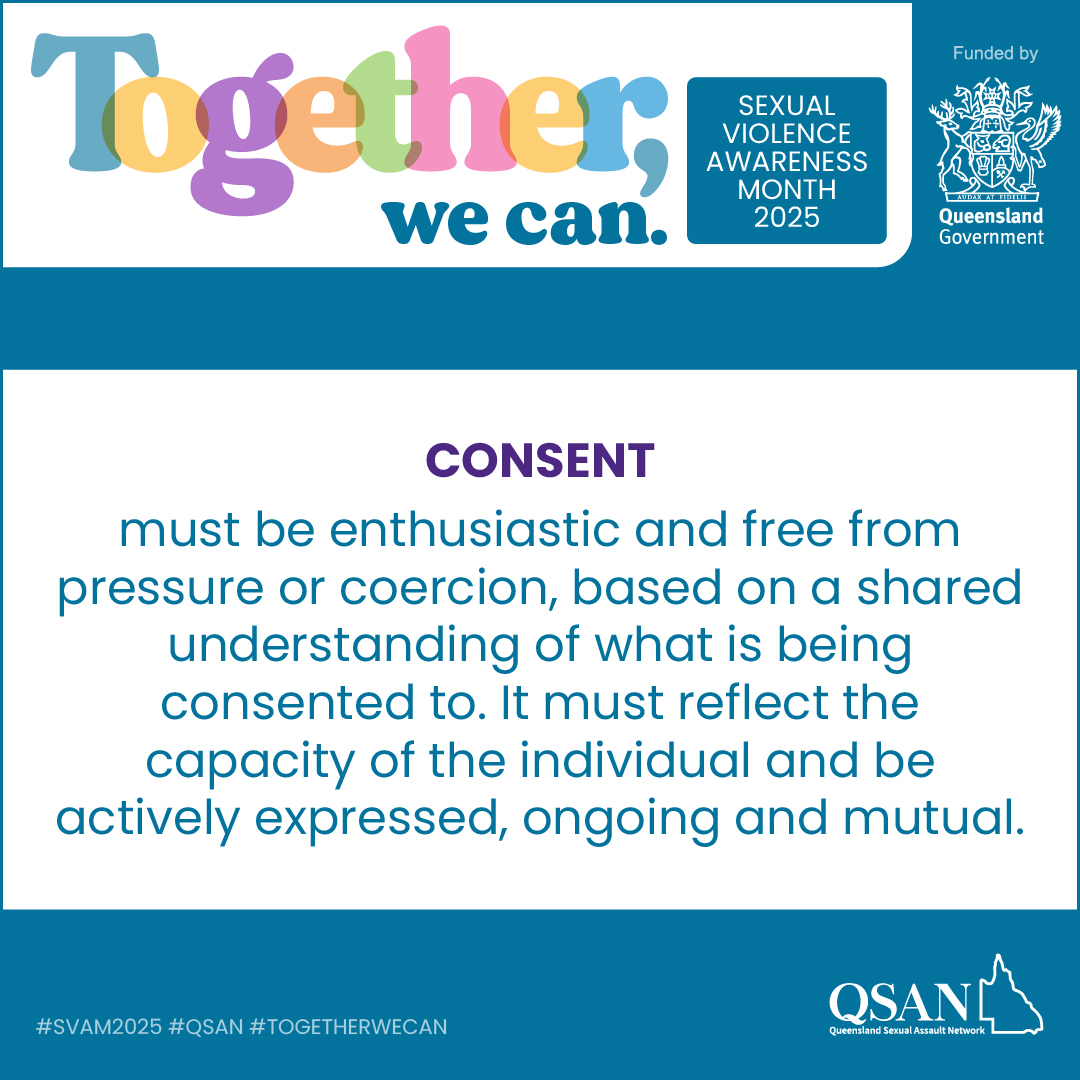 Tile reads: Consent must be enthusiastic and free from pressure or coercion, based on a shared understanding of what is being consented to. It must reflect the capacity of the individual and be actively expressed, ongoing and mutual.