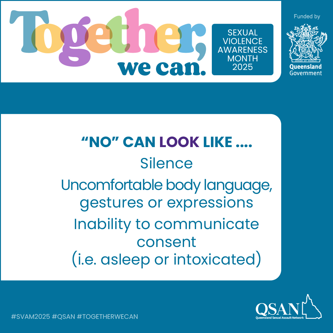 Text reads: No can look like silence, uncomfortable body language, gestures or expressions, inability to communicate consent (i.e. asleep or intoxicated)