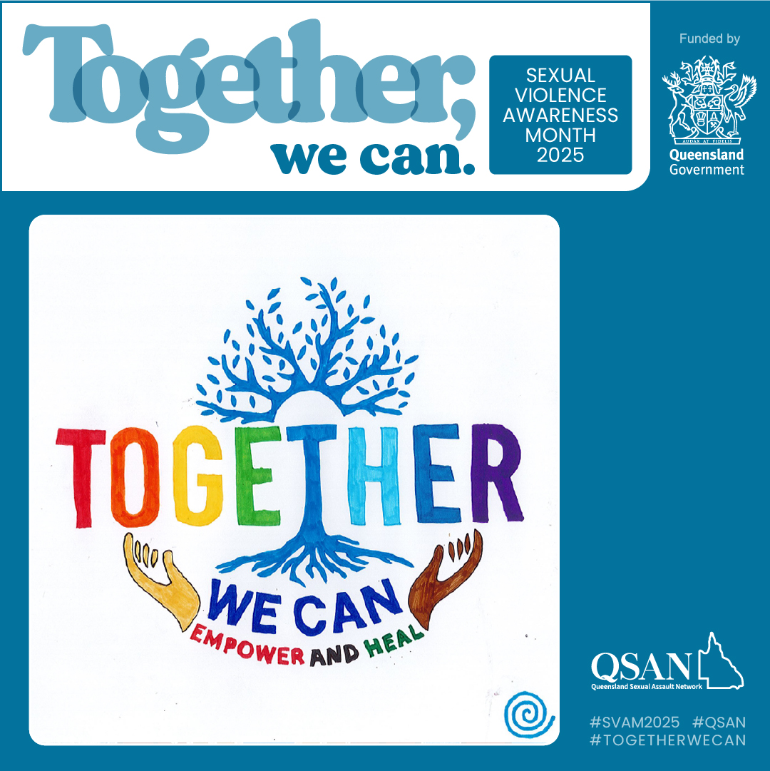 Outstretched hands below a tree with multi-coloured words together we can empower and heal