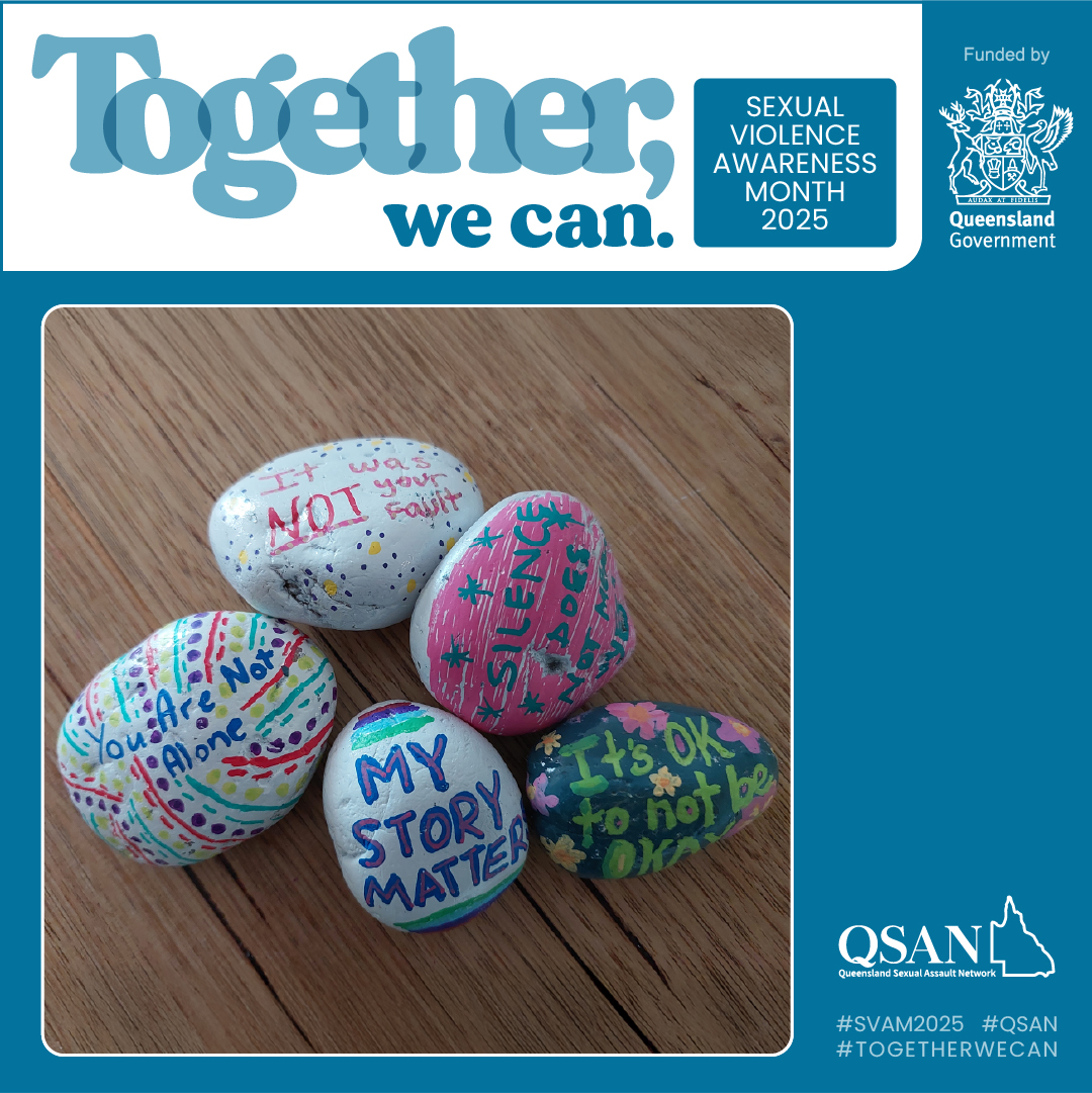 5 painted river rocks on a wooden surface, each rock has a different message painted including You are not alone, My story matters, Its okay to not be okay