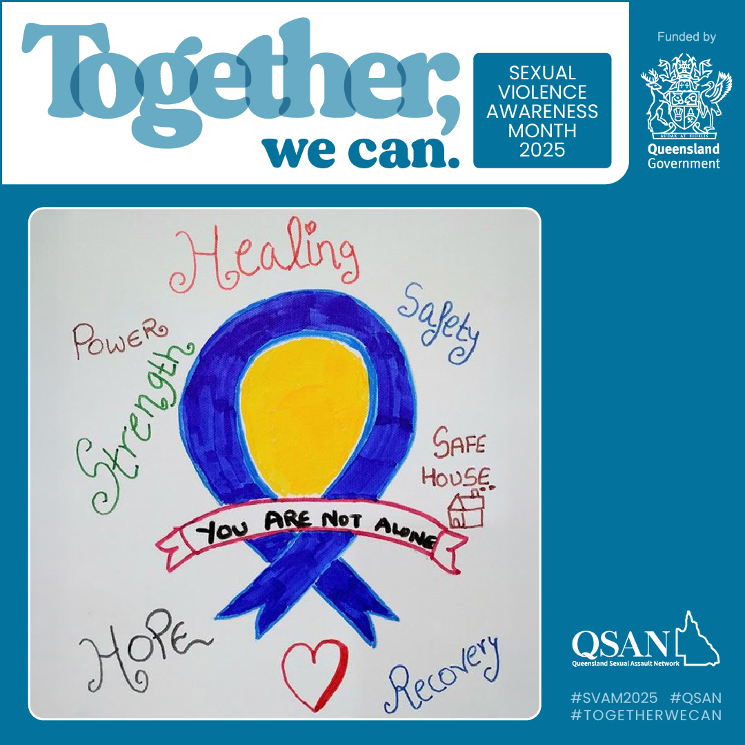 A blue ribbon around a yellow centre with a banner that says You are not alone. Surrounded by words like Healing and Strength, and a heart shape
