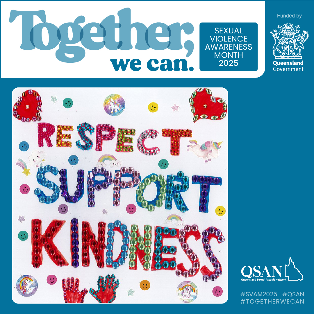 Bright coloured words Respect Support Kindness made up of sequins and surrounded by colourful stickers including hearts and smiley faces.