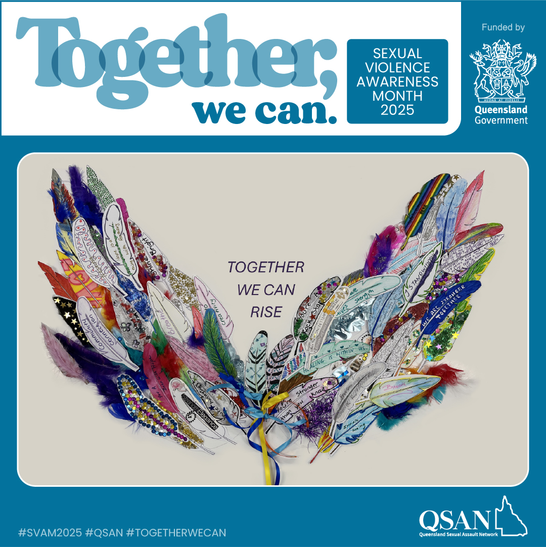 A montage made of coloured and patterned feathers to form outstretched wings on either side of the words Together we can rise