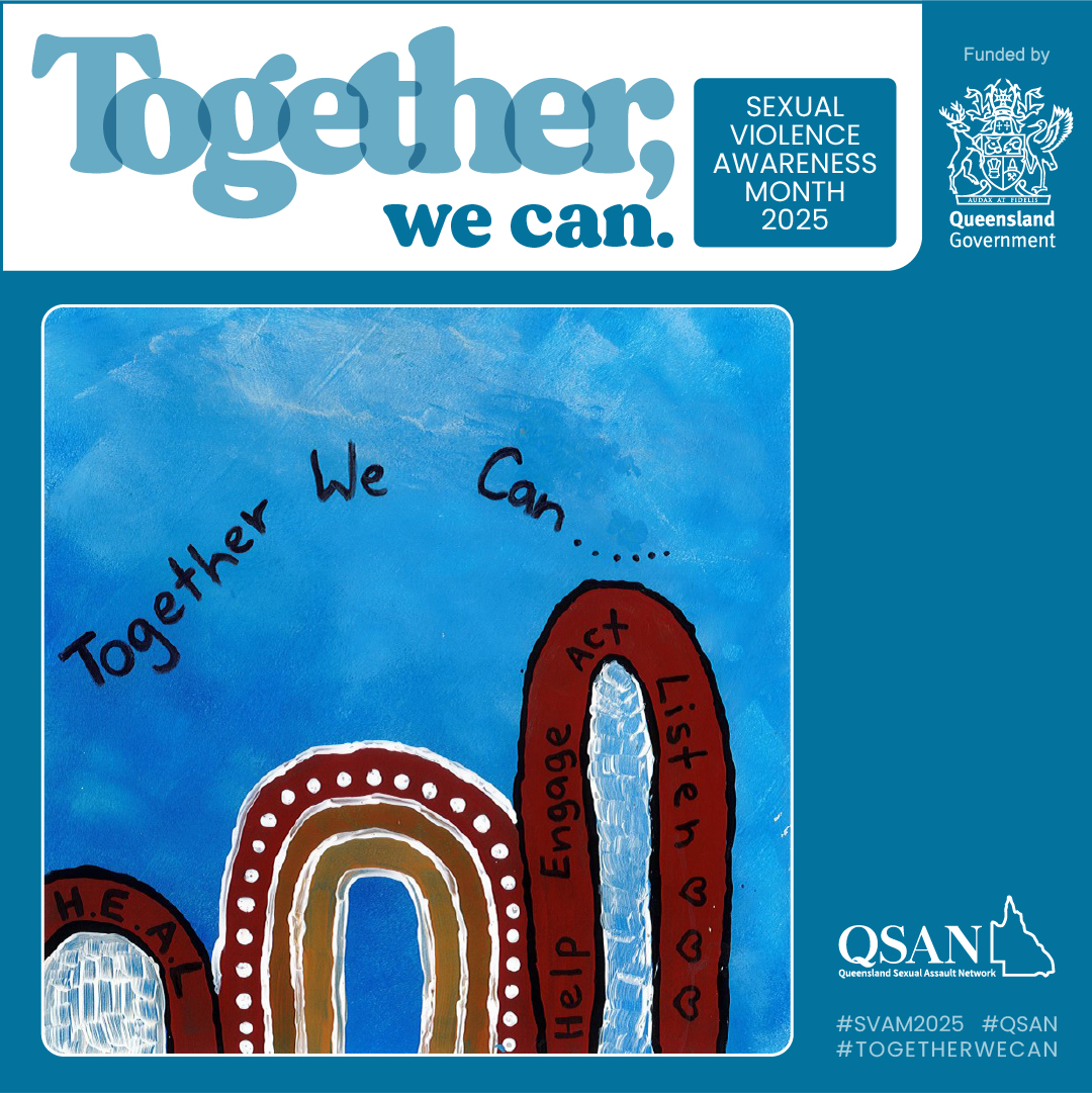 On a blue background, painted arches in ochre, deep red and white with the words Together we can heal, help, engage, act listen.