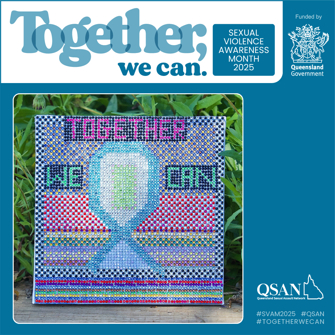 A canvas covered in a grid of multicoloured sequins that depict a teal bow with the words Together we can. 