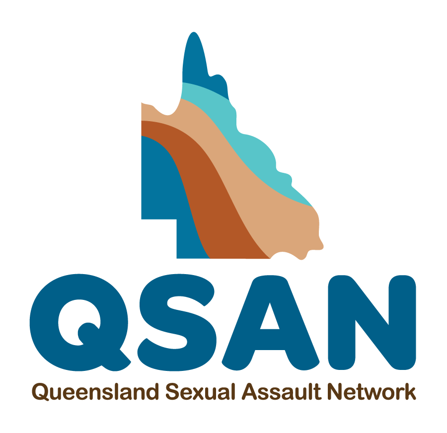 Shape of Queensland with colours running through, above the letters QSAN Queensland Sexual Assault Network