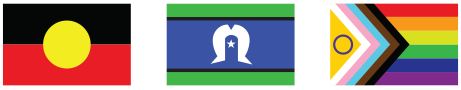 Aboriginal flag, Torres Strait Island flag, and LGBTIQ+ flag