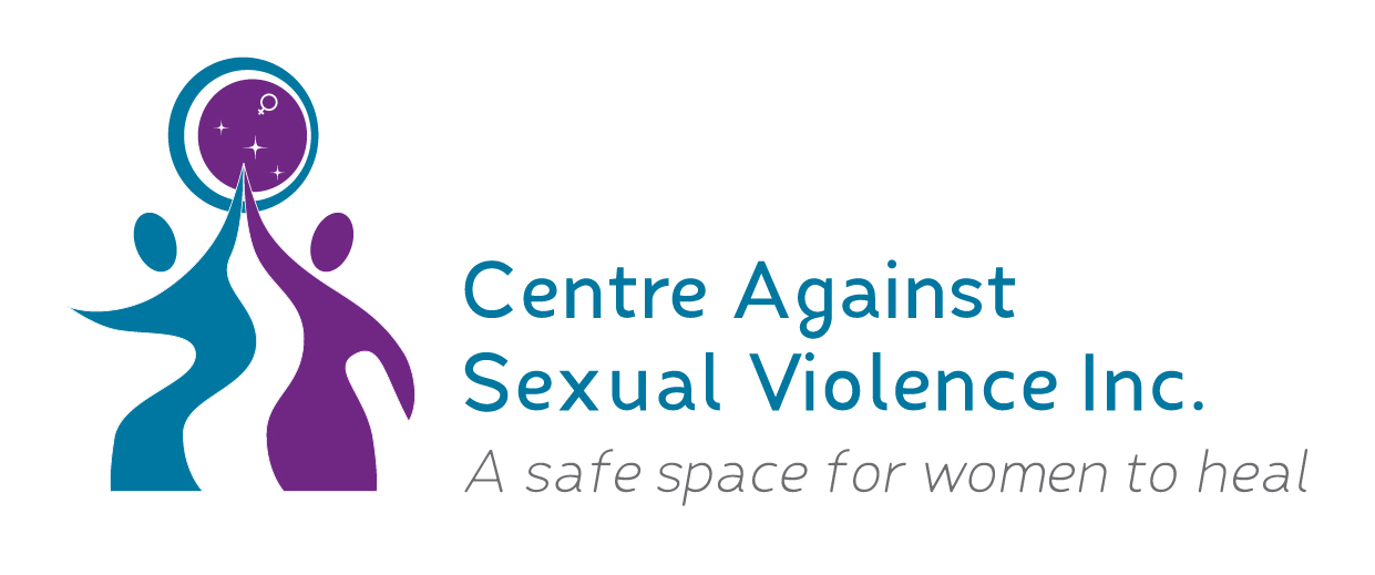 Centre Against Sexual Violence logo in blue and purple with female symbol and text a safe space for women to heal