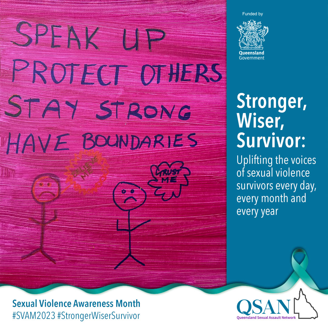 Two sad-faced stick figures, one faded out, on a bright pink background under the words 'Speak up, protect others, stay strong, have boundaries'. 