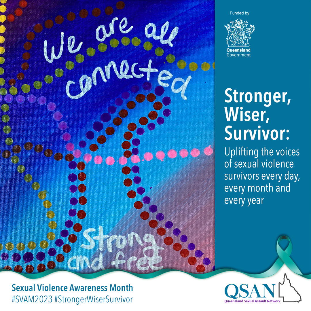 Lines of coloured dots cover a graduated purple-blue-pink background, with the words 'We are all connected, strong and free'.