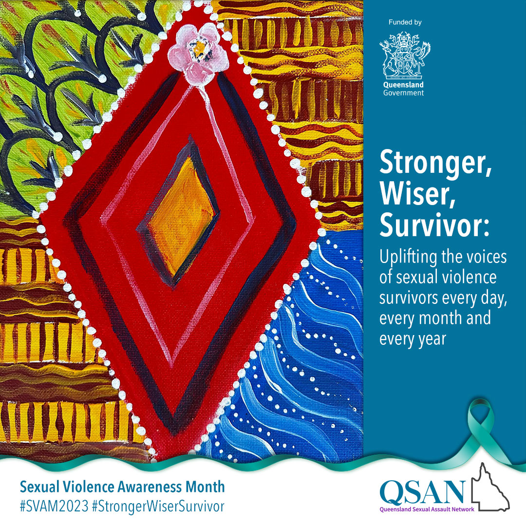 A red diamond with a gold centre and pink flower at the top, in the middle of a canvas surrounded by painted gold weaving, blue waves and green leaves.