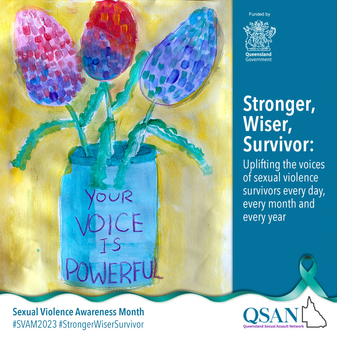 Three flowers in a vase with the words "Your voice is powerful" under a banner "Stronger, Wiser, Survivor"