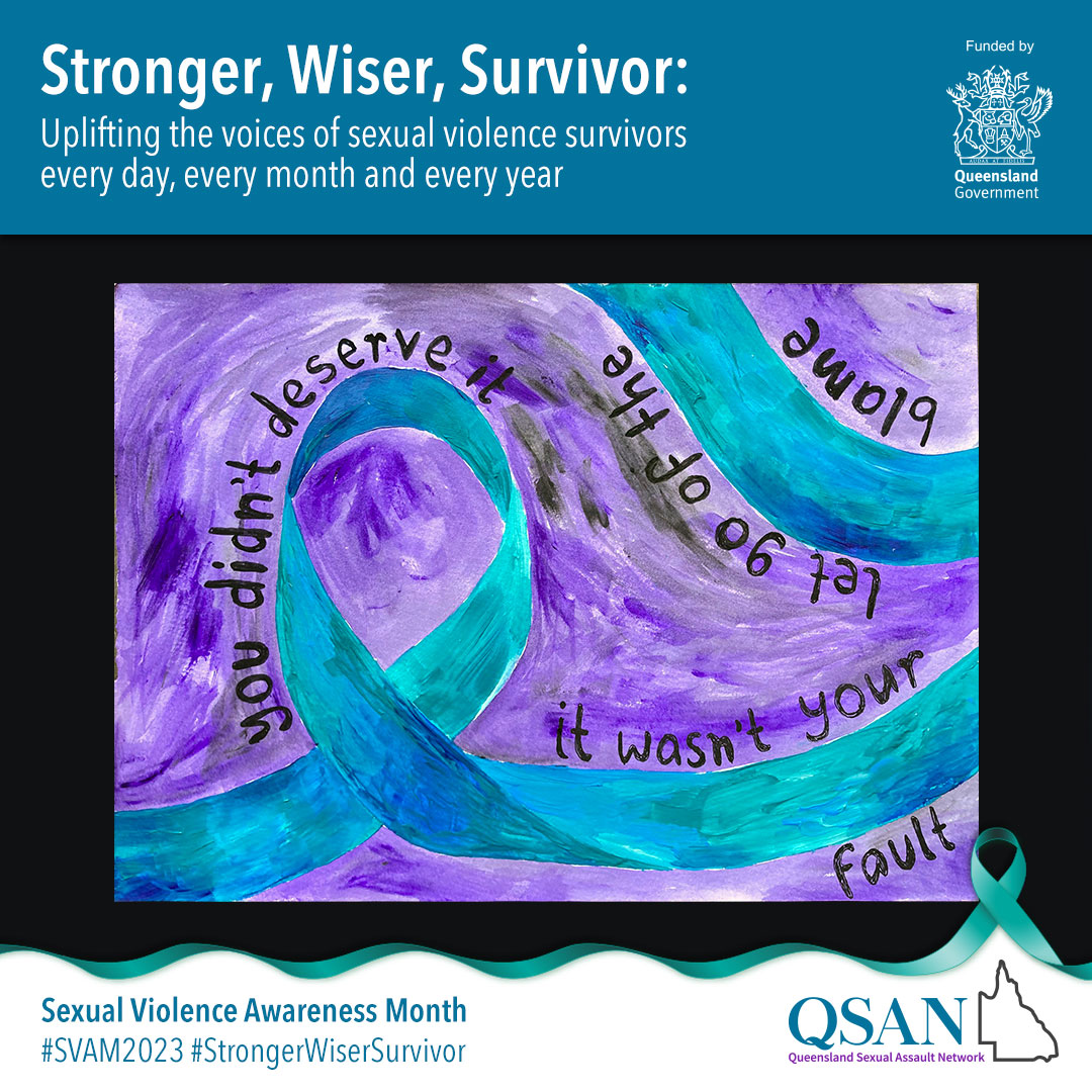 Over a purple background, a teal ribbon flows with words in black: 'you didn't deserve it, let go of the blame, it wasn't your fault'.