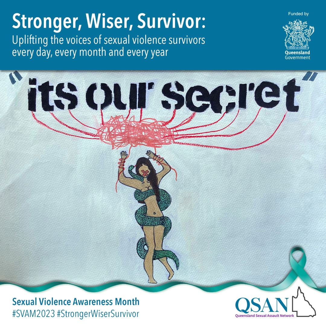 A naked woman with no eyes and a red cross over her mouth, her body surrounded by a snake, wrists bound by red strings attached to the letters 'its our secret'.