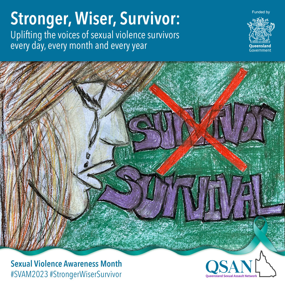 A crying face next to the word 'survivor' crossed out in red, over the word 'survival'; under a banner "Stronger, Wiser, Survivor"